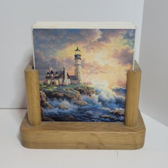 SET OF 4 VINTAGE CERAMIC TILE LIGHT-HOUSE NAUTICAL COASTERS WITH WOODEN HOLDER - Picture 1 of 7